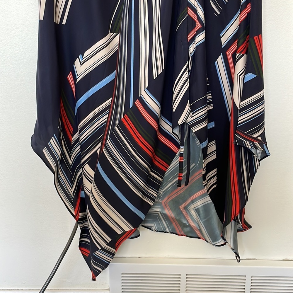 Parker | 100% Silk Halter Neck Handkerchief Hem Graphic Stripe Print Midi Dress - Picture 5 of 11
